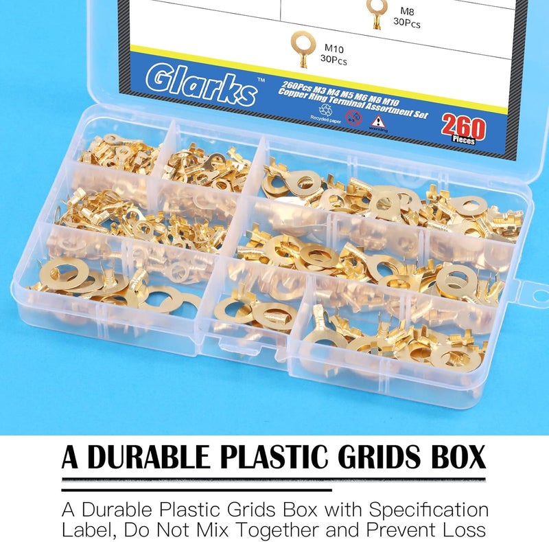 Glarks 260Pcs M3 M4 M5 M6 M8 M10 Copper Ring Terminal Assortment Set Non-Insulated Copper Ring Lugs Open Barrel Wire Crimp Connectors Kit - Image 5