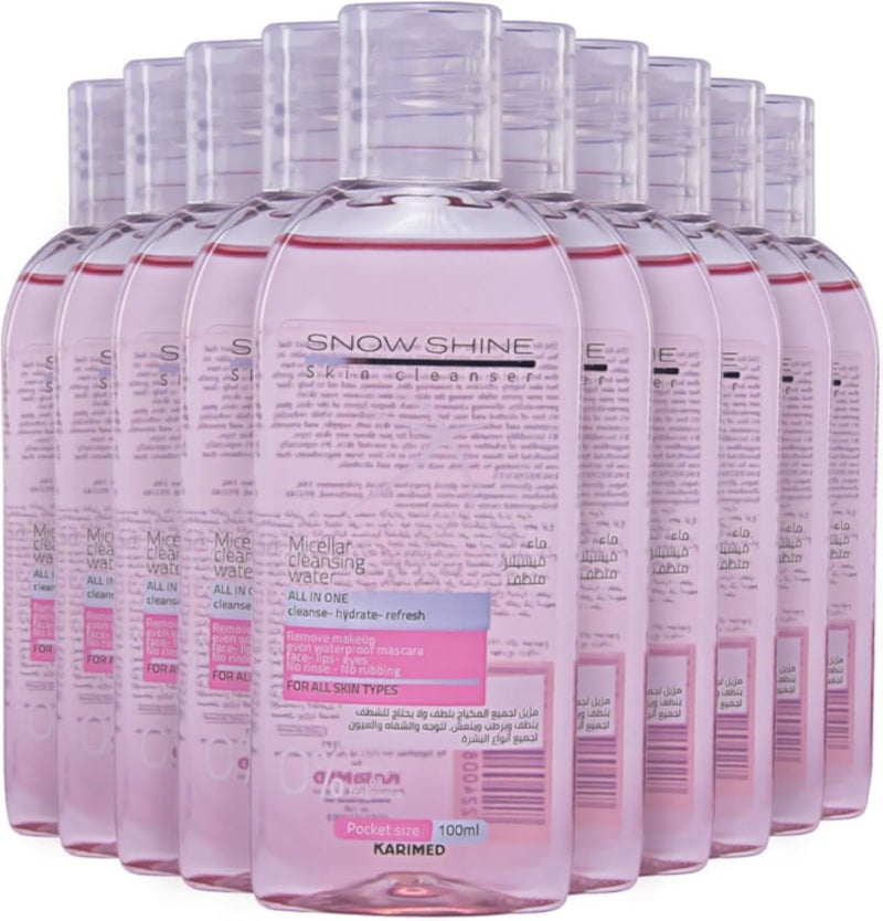 SNOW SHINE Micellar Water Makeup Remover 10Pcs 100ml each â€“ Rose, Gentle Cleanser for All Skin Types â€“ Removes Makeup & Impurities, Hydrating, and Non-Irritating.
