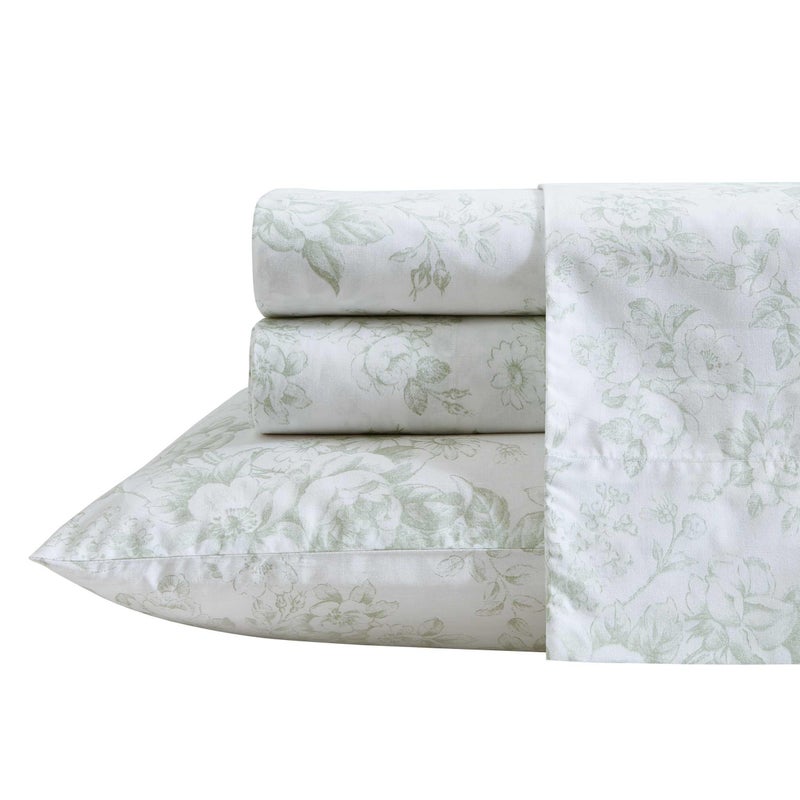 Laura Ashley - Full Sheets  Cotton Percale Bedding Set  Lightweight & Breathable Home Decor (Toile Delight Green  Full)