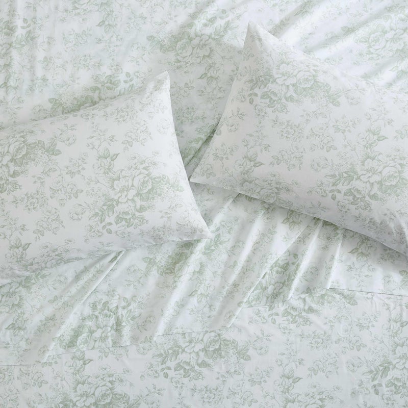 Laura Ashley - Full Sheets  Cotton Percale Bedding Set  Lightweight & Breathable Home Decor (Toile Delight Green  Full)
