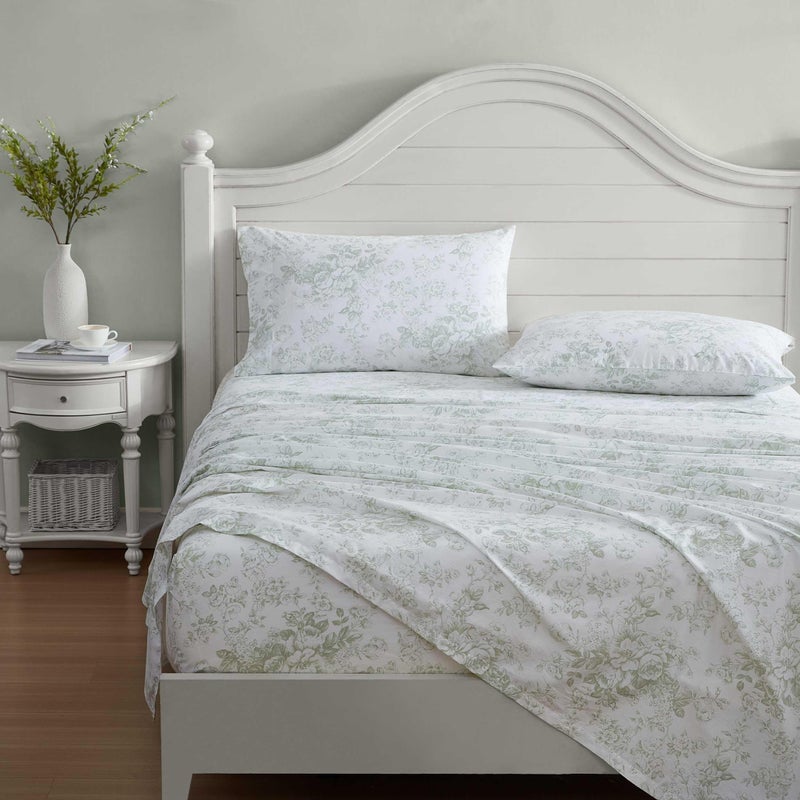 Laura Ashley - Full Sheets  Cotton Percale Bedding Set  Lightweight & Breathable Home Decor (Toile Delight Green  Full)