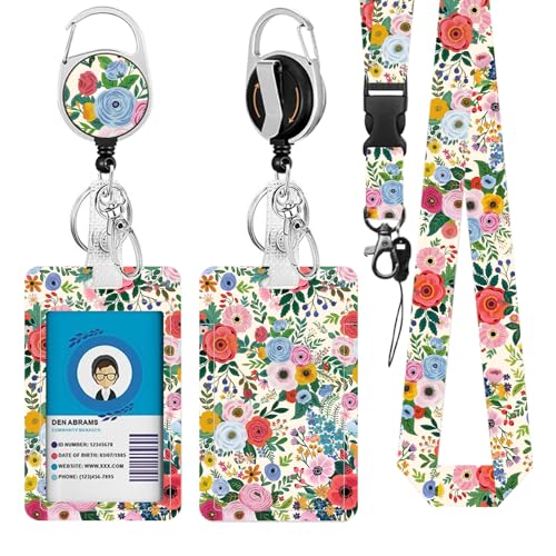 Vorruil Lanyards ID Badge, Colorful Flower ID Badge Holder with Retractable Reel Clip and Keychain, Vertical Heavy Duty Identity Badge Cover Case Protector for Teacher Nurse Women Man - Image 1