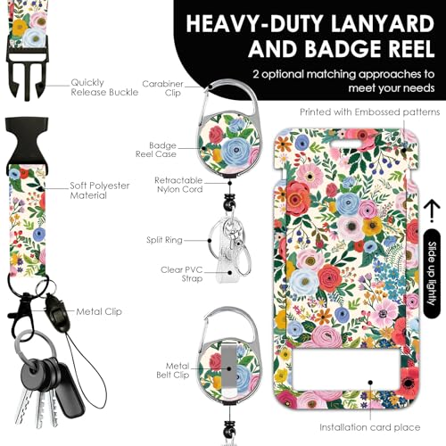 Vorruil Lanyards ID Badge, Colorful Flower ID Badge Holder with Retractable Reel Clip and Keychain, Vertical Heavy Duty Identity Badge Cover Case Protector for Teacher Nurse Women Man - Image 3