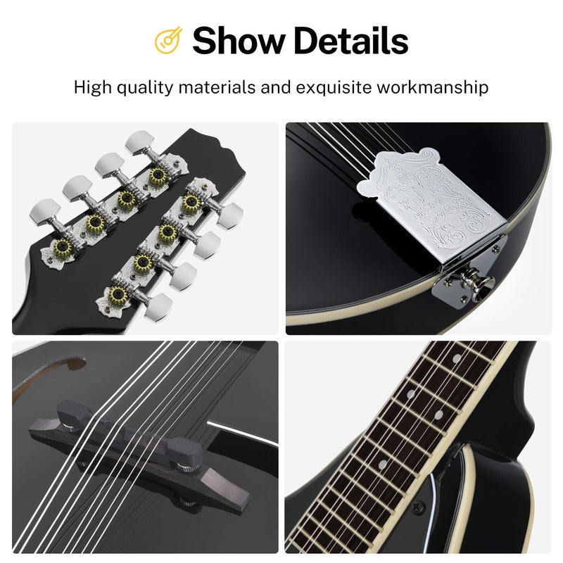Donner A Style Mandolin Instrument Black Beginner Adult Acoustic Mandolin Musical Instrument Mahogany 8 String, Bundle With Tuner String Bag Guitar Picks, DML-100B - Image 4