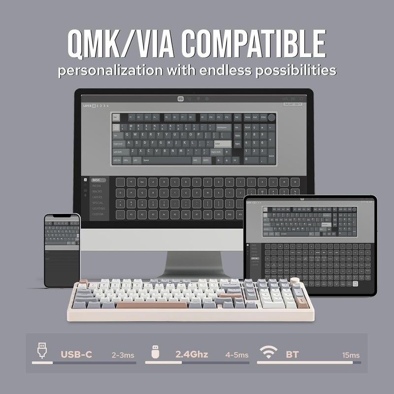 EPOMAKER Galaxy100 QMK/VIA Wireless Gaming Keyboard, Aluminum Mechanical Keyboard with PP Plate, Hot Swappable Custom Keyboard, Bluetooth/2.4Ghz/USB-C (Creamy White, Wisteria Linear Switch) - Image 4