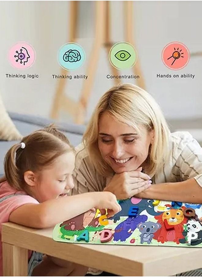 BAYBEE 2 in 1 Wooden Number Counting Puzzles for Kids Montessori Learning board Toys with Animals Jigsaw Puzzle Numbers Puzzles Early Educational Puzzle Toys for Kids 2 Years Boys Girls Alphabets  - Image 5