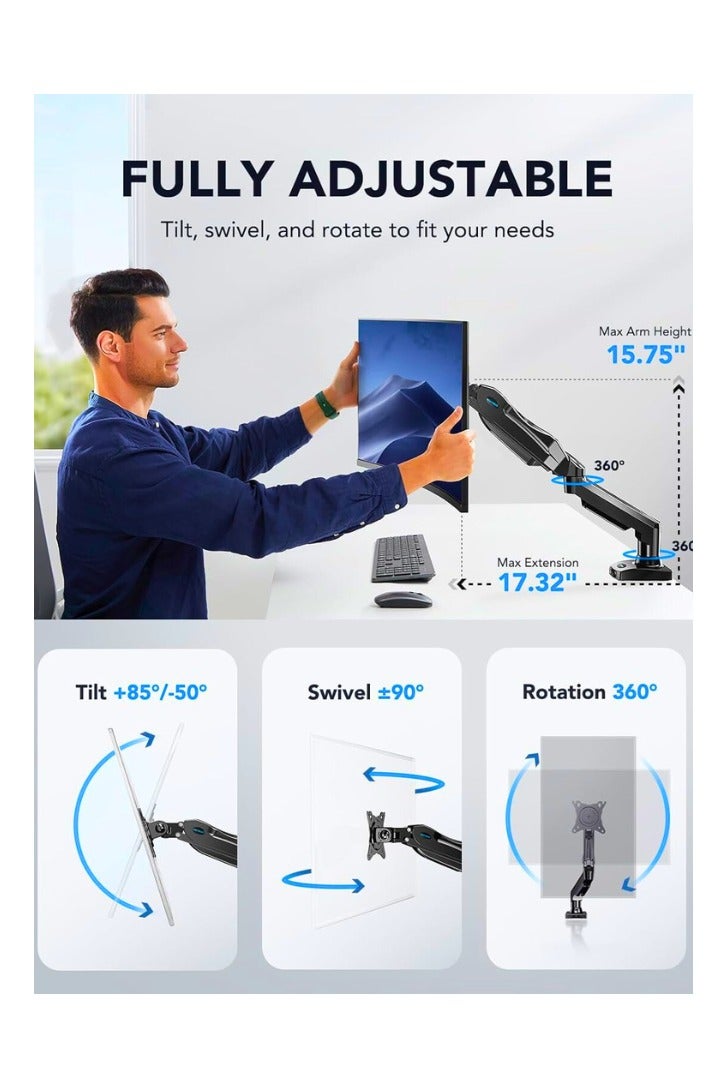 Chase Up Single Monitor Arm, 13 to 32 Inch Gas Monitor Mount, Vesa Mount with Clamp and Grommet Base - Fits 4.4 to 19.8lbs Computer Monitors, Black, HNSS6 - Image 3