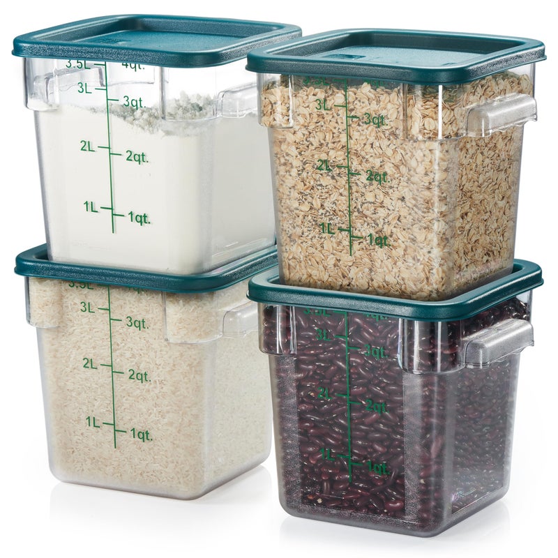 CURTA 4 Pack Food Storage Container with Green Lid - NSF Commercial Grade in 4.0 Qt - Square, Clear, Polycarbonate - Image 1