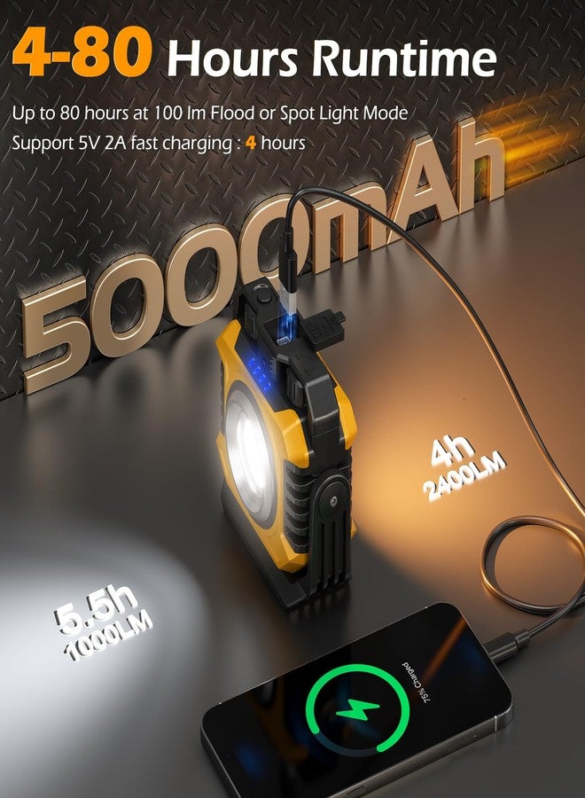 Samyoung 2-Pack Rechargeable Magnetic Work Light, 2400LM Dual-Sided LED Work Light, 4-80H Runtime, Stepless Dimming 2700K-8000K COB Floodlight + 1000LM Spotlight, 360° Rotating Stand & Hook (Yellow) - Image 5