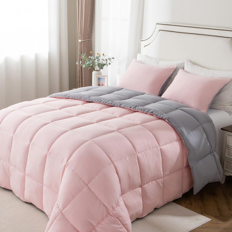 KASENTEX King Comforter Set â€“ Reversible Dual Color â€“ Goose Down Alternative â€“ Ultra-Soft, Lightweight, Machine Washable, Maintain Fluffiness, All Season Warmth (Pink Potpourri/Quartz Silver) - Image 1