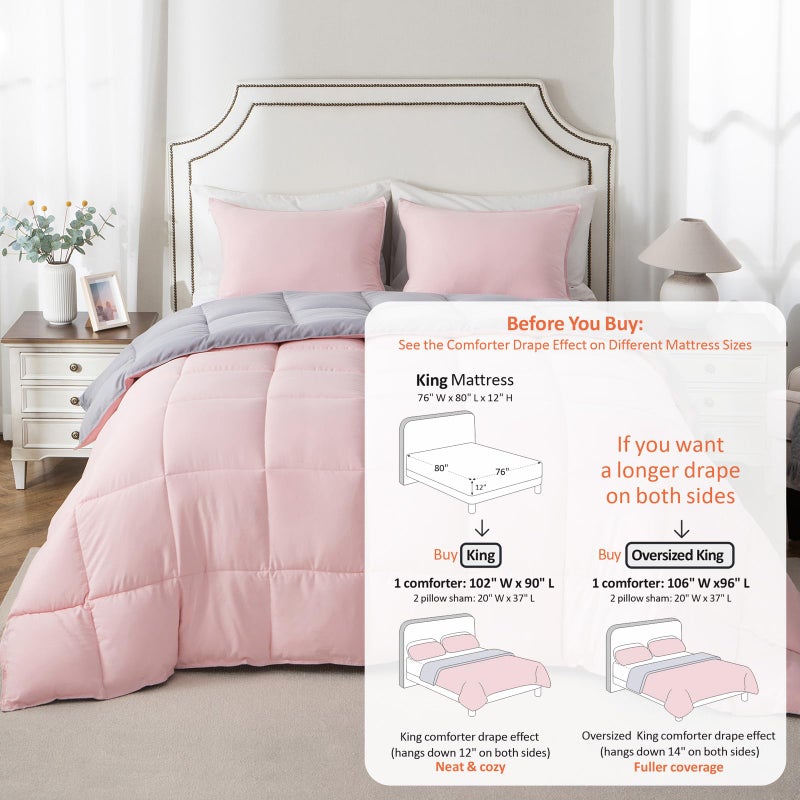 KASENTEX King Comforter Set â€“ Reversible Dual Color â€“ Goose Down Alternative â€“ Ultra-Soft, Lightweight, Machine Washable, Maintain Fluffiness, All Season Warmth (Pink Potpourri/Quartz Silver) - Image 3