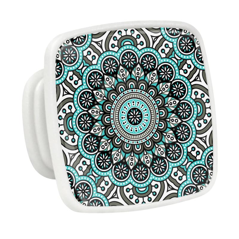 LORVIES 4 Pack 12 Bohemia Decorative Cabinet Knobs Drawer Handles for Home Kitchen Bedroom Stylish ABS Glass Square White Design Turquoise Flower Texture - Image 1
