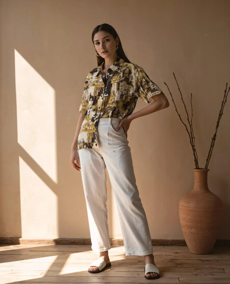 Rareism Women's Vintage Printed Half Sleeve Boxy Shirt