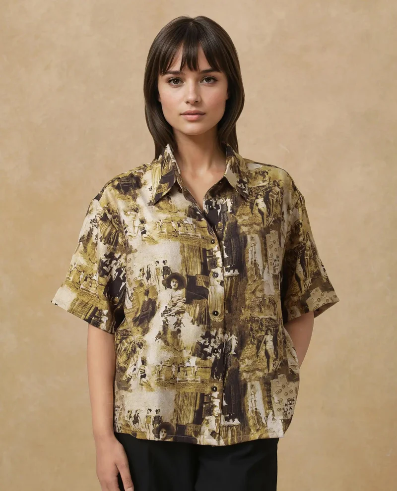 Rareism Women's Vintage Printed Half Sleeve Boxy Shirt