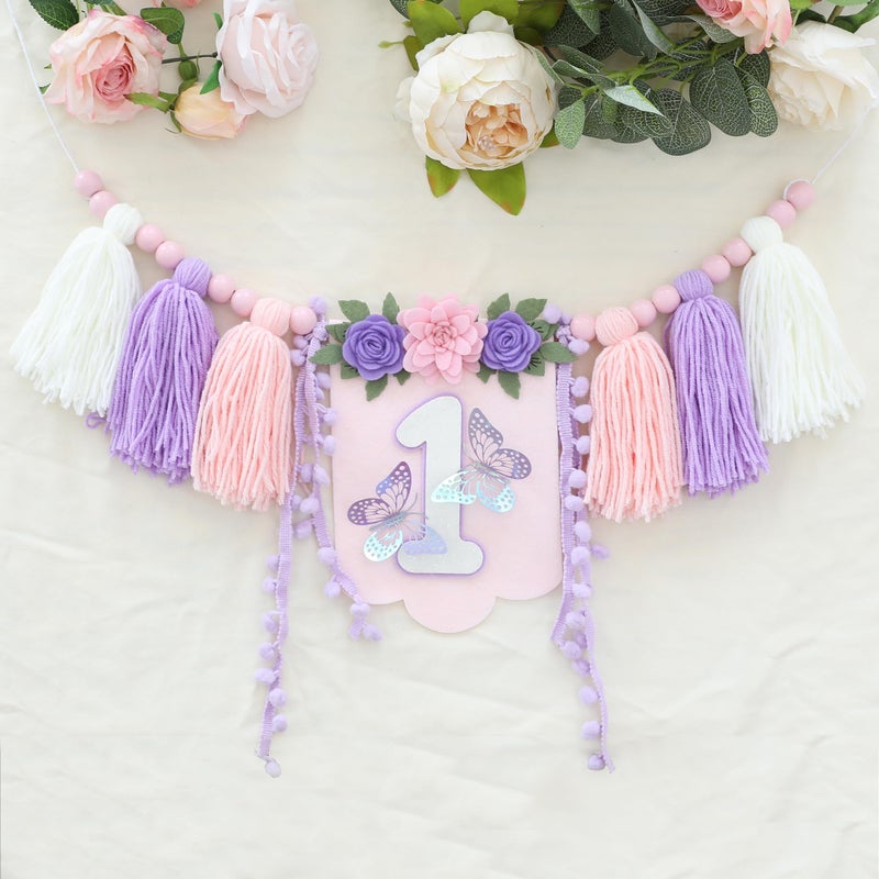 Dcjhfj Handmade Butterfly Wildflower 1St Birthday High Chair Banner Purple Pink Floral Theme Party Decoration For Girls Wall Hangings Decorative - Image 5