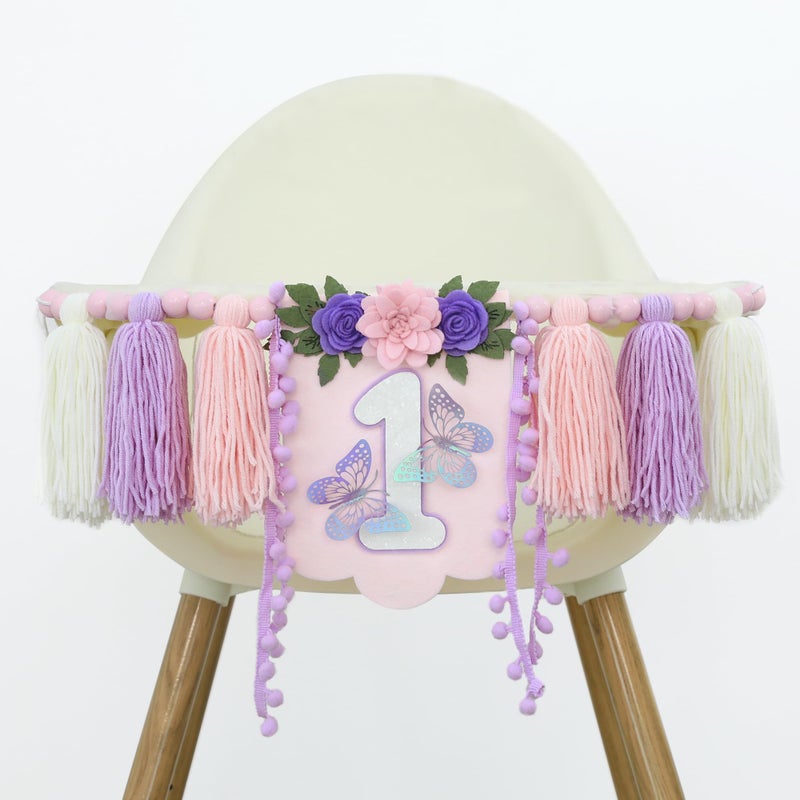 Dcjhfj Handmade Butterfly Wildflower 1St Birthday High Chair Banner Purple Pink Floral Theme Party Decoration For Girls Wall Hangings Decorative - Image 4