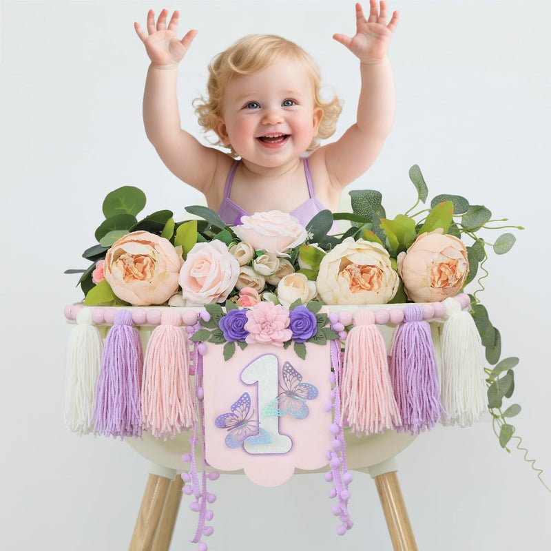 Dcjhfj Handmade Butterfly Wildflower 1St Birthday High Chair Banner Purple Pink Floral Theme Party Decoration For Girls Wall Hangings Decorative - Image 1