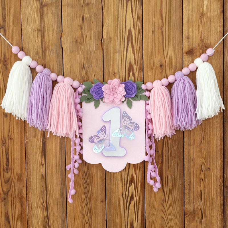 Dcjhfj Handmade Butterfly Wildflower 1St Birthday High Chair Banner Purple Pink Floral Theme Party Decoration For Girls Wall Hangings Decorative - Image 2