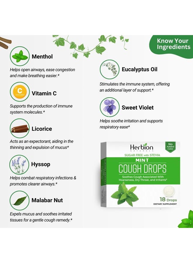 Herbion Naturals Cough Drops, Sugar Free with Stevia, Dietary Supplement, Soothes Cough, for Adults & Children Over 6 Years, 18 Count, Mint, Pack of 1 - Image 2