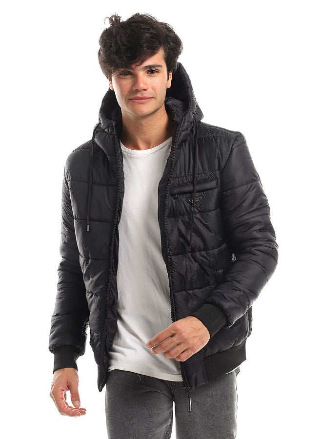 WHITE RABBIT Ribbed Cuffs & Hem Quilted Hooded Bomber Jacket - Black - Image 1