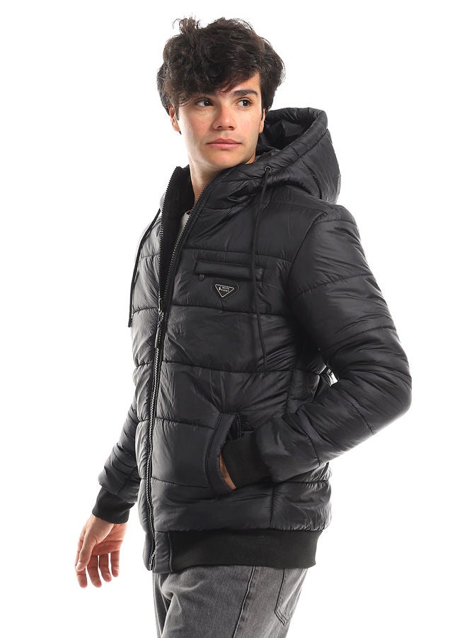 WHITE RABBIT Ribbed Cuffs & Hem Quilted Hooded Bomber Jacket - Black - Image 2