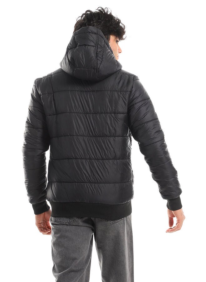 WHITE RABBIT Ribbed Cuffs & Hem Quilted Hooded Bomber Jacket - Black - Image 3