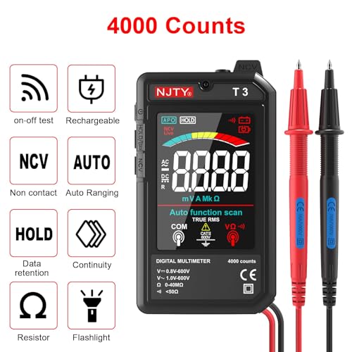 NJTY T3 Smart Digital Multimeter, Ultra-Thin Rechargeable Voltmeter with 3.2" Color LCD, Auto-Ranging 600V AC/DC Tester for Resistance NCV Live Wire Detection - Image 2