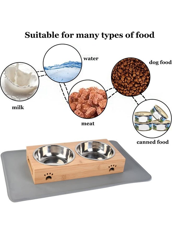 وعاء الحيوانات الأليفة المزدوج، وعاء التغذية المزدوج للطعام والماء، وعاء الطعام الفولاذي المقاوم للصدأ للقطط والكلاب وحامل الخيزران - Image 3