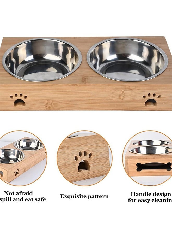 وعاء الحيوانات الأليفة المزدوج، وعاء التغذية المزدوج للطعام والماء، وعاء الطعام الفولاذي المقاوم للصدأ للقطط والكلاب وحامل الخيزران - Image 4