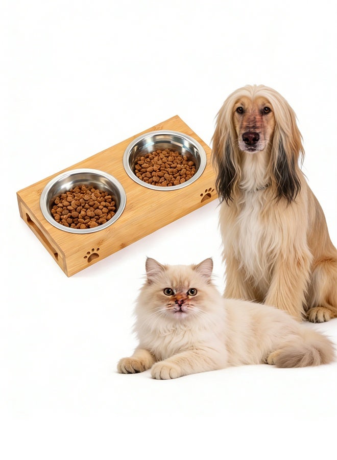 وعاء الحيوانات الأليفة المزدوج، وعاء التغذية المزدوج للطعام والماء، وعاء الطعام الفولاذي المقاوم للصدأ للقطط والكلاب وحامل الخيزران - Image 1