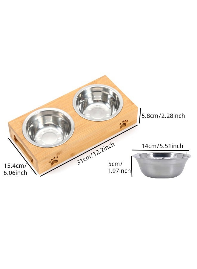 وعاء الحيوانات الأليفة المزدوج، وعاء التغذية المزدوج للطعام والماء، وعاء الطعام الفولاذي المقاوم للصدأ للقطط والكلاب وحامل الخيزران - Image 2