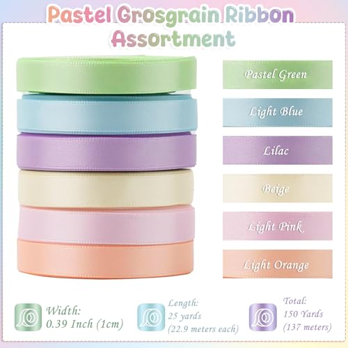 CoolShef Satin Ribbon Roll Set – 6 Rolls Pastel Rainbow Gift Wrapping Thin Ribbons, 10mm x 22.9m Each, 150 Yards Total, Multicolour Polyester for Crafts, Wedding, DIY Decor - Image 2