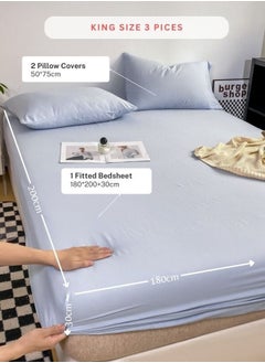 LUNA Home 3-Piece Set: king-size fitted bedsheet and two pillowcases, washable cotton in a light blue color.  - Image 2