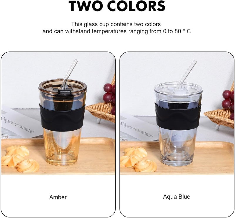 2pcs 450ml Glass Water Cup with Straw and Lid, Cold Brew Drinking Bottle Set, Sturdy Glass Tumblers for Iced Tea, Coffee, Juice, and Beer, Suitable for Home and Outdoor Use - Image 3