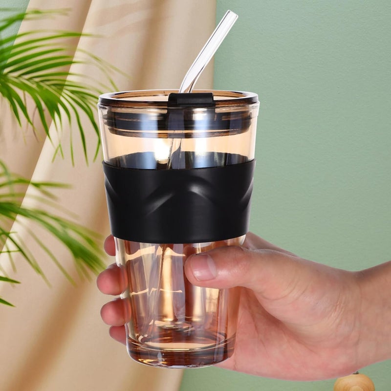 2pcs 450ml Glass Water Cup with Straw and Lid, Cold Brew Drinking Bottle Set, Sturdy Glass Tumblers for Iced Tea, Coffee, Juice, and Beer, Suitable for Home and Outdoor Use - Image 5