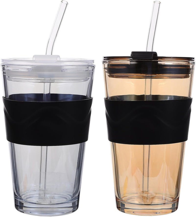 2pcs 450ml Glass Water Cup with Straw and Lid, Cold Brew Drinking Bottle Set, Sturdy Glass Tumblers for Iced Tea, Coffee, Juice, and Beer, Suitable for Home and Outdoor Use - Image 1
