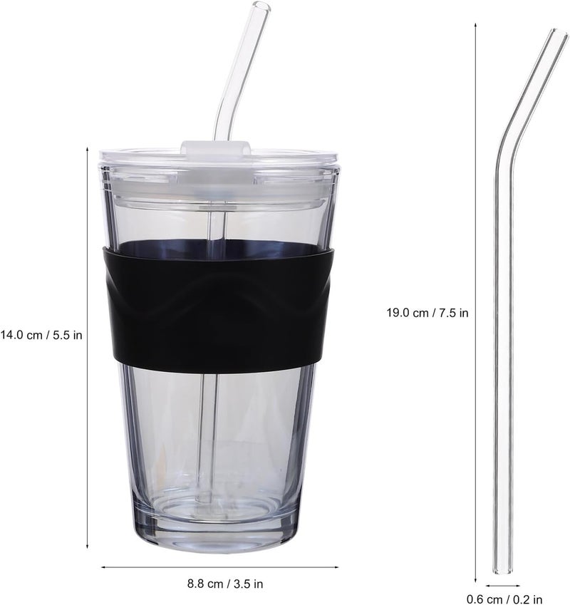 2pcs 450ml Glass Water Cup with Straw and Lid, Cold Brew Drinking Bottle Set, Sturdy Glass Tumblers for Iced Tea, Coffee, Juice, and Beer, Suitable for Home and Outdoor Use - Image 2