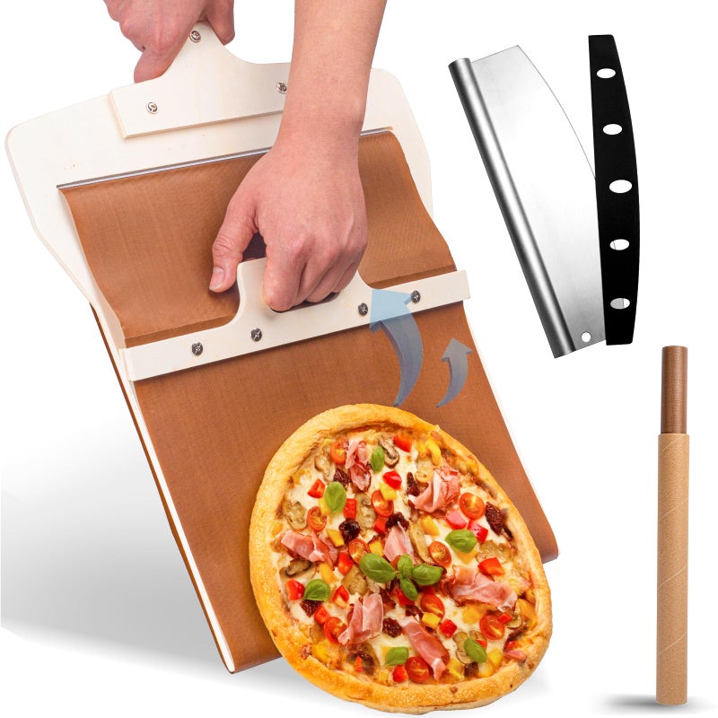 Leozzo Sliding Pizza Peel Pizza Slider Paddle with Pizza Cutter Rocker NonStick Pizza Peel Slider with Handle Detachable Transfers Pizza Pie 12 Wood Sliding Pizza Peel with Replacement Cloth