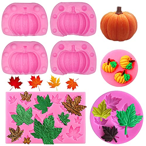 Rainmae 5Pcs Autumn 3D Pumpkin Silicone Mold, Mini Pumpkin Mold for Thankgiving Cupcake Molds, Maple Leaves Fondant Cake Decorating Chocolate Candy Clay Moulds for Fall Thanks Giving - Image 1