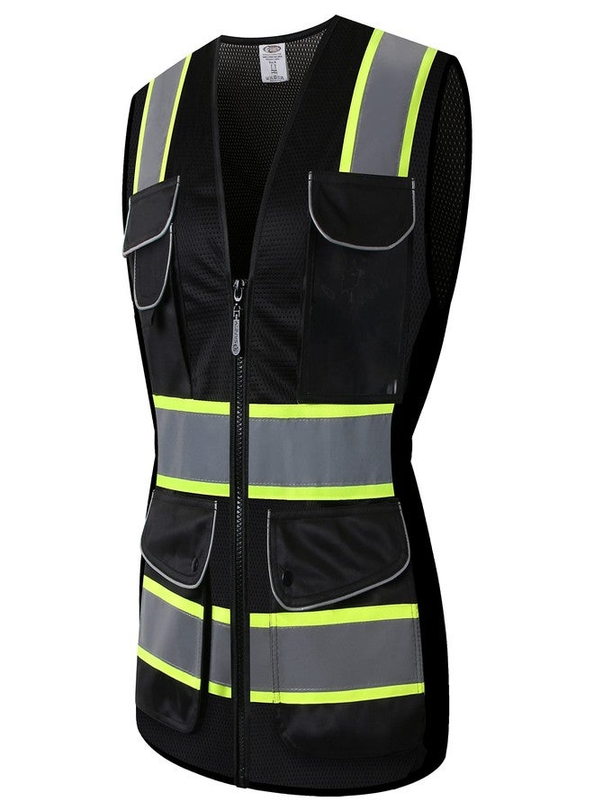 JKSafety سترة أمان عاكسة عالية الوضوح للنساء من JKSafety، 9 جيوب | شبك أسود | شرائط عاكسة مع حواف صفراء ممتدة | متوافقة مع معايير ANSI (168-أسود، صغير) - Image 1