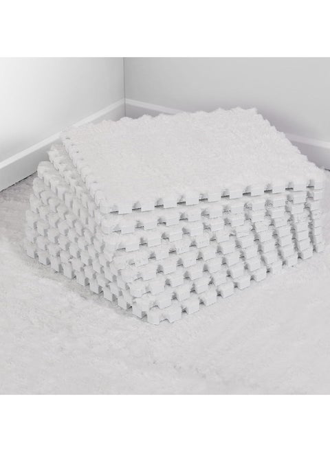 12 pcs Thickened Plush Foam Interlocking Floor Mats, Interlocking Foam Tiles with Edgings for Kids, Soft Anti-Slip Puzzle Area Square Rug Playmat for Children Room Flat (10", White)