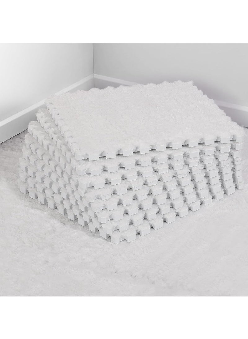 AUTOYSUR - 12 pcs Thickened Plush Foam Interlocking Floor Mats, Interlocking Foam Tiles with Edgings for Kids, Soft Anti-Slip Puzzle Area Square Rug Playmat for Children Room Flat (10", White) - Image 1