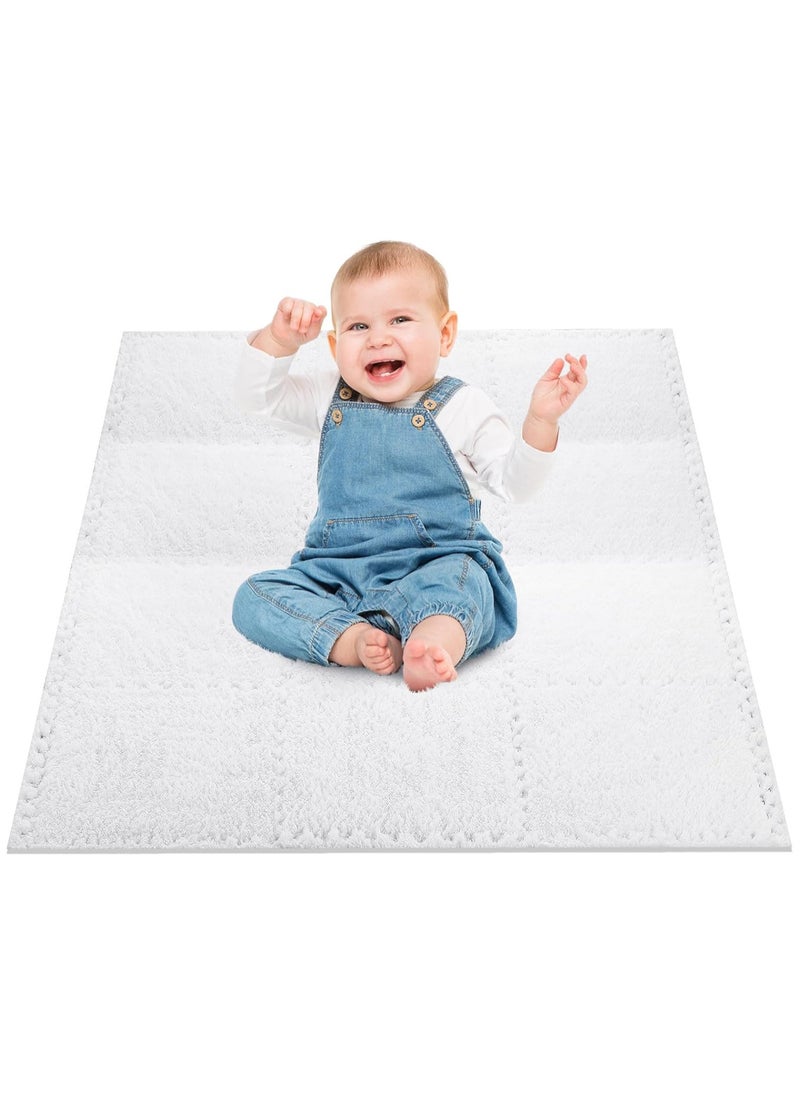 AUTOYSUR - 12 pcs Thickened Plush Foam Interlocking Floor Mats, Interlocking Foam Tiles with Edgings for Kids, Soft Anti-Slip Puzzle Area Square Rug Playmat for Children Room Flat (10", White) - Image 1