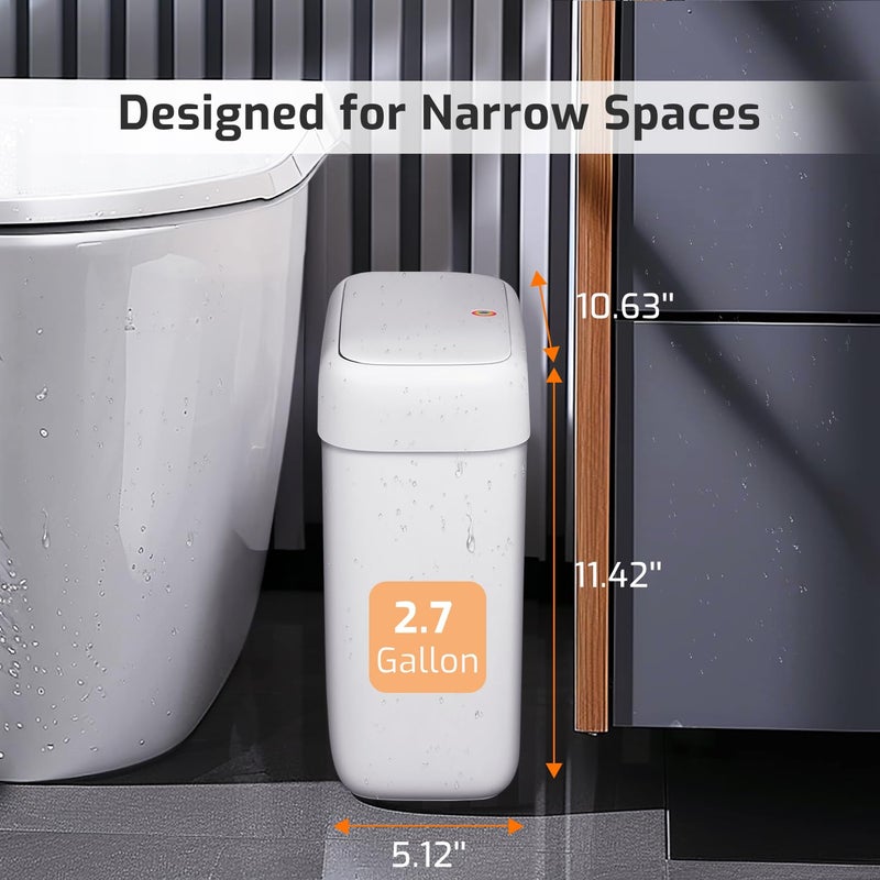 MOPALL Small Bathroom Trash Can with Lid, 2.6 Gallons / 10 L Slim Plastic Garbage Bin with Pop-Up Lid, Mini Waste Basket Can Dog Proof for Kitchen, Bedroom, Office, Laundry, Toilet, Rv, White - Image 2