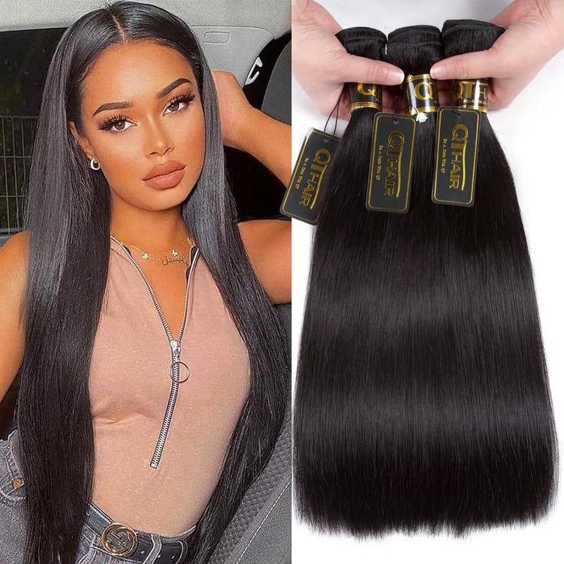 QTHAIR QTHAIR 16A Straight Human Hair Bundles 100 Unprocessed Indian Virgin Human Hair Extensions Indian Straight Virgin Human Hair Bundles 18 18 18300gNatural Black 