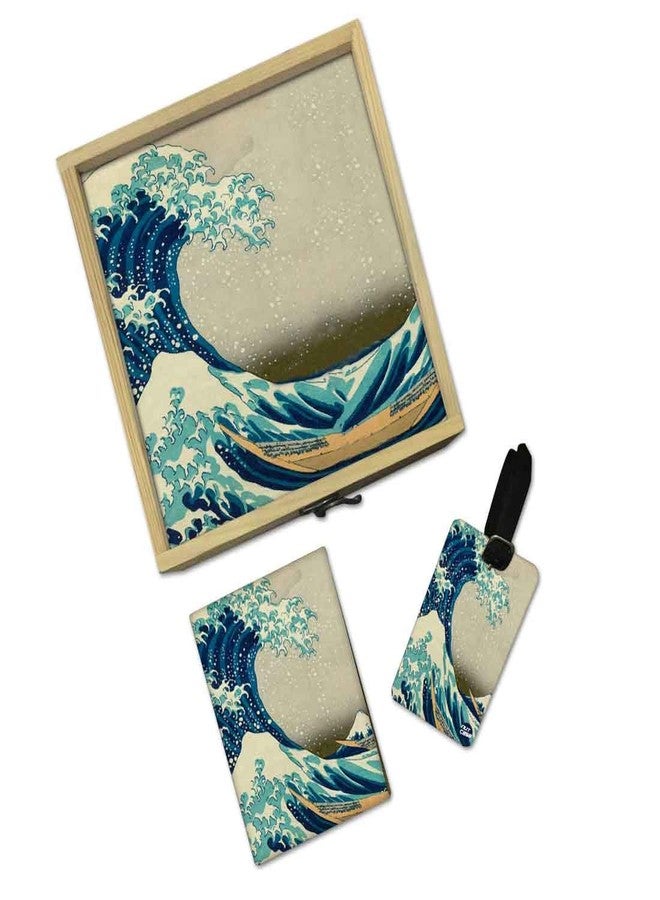 Nutcase Designer Passport Holder for Men Women Passport Cover Luggage Tag Wooden Gift Box Set - Big Wave - Image 2