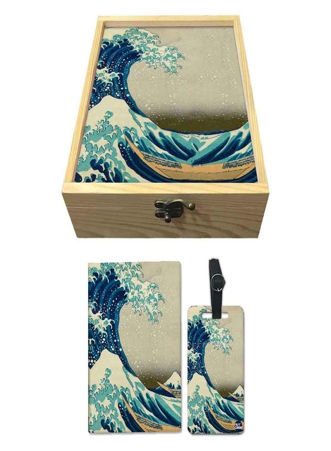 Nutcase Designer Passport Holder for Men Women Passport Cover Luggage Tag Wooden Gift Box Set - Big Wave - Image 4