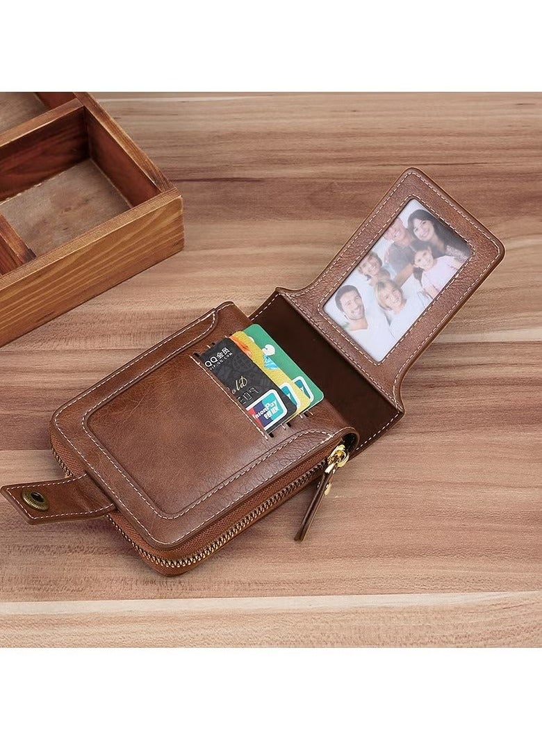 Generic Men's Short Wallet European and American Fashion Retro Multifunctional Wallet Zipper Buckle Card Holder Brown  - Image 5