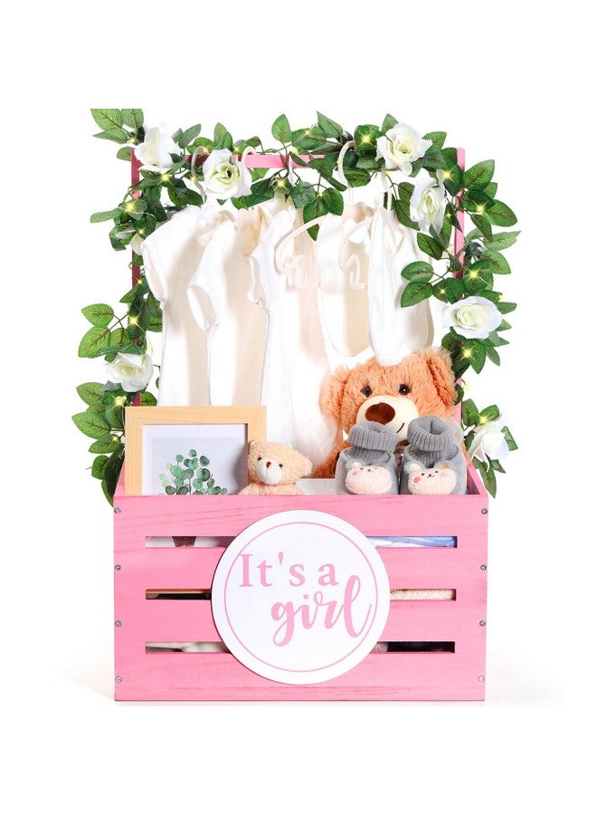 Barydat صندوق هدايا بيبي باريدات الخشبي مع مقبض - سلة تخزين خشبية مع زينة - هدية ترحيب للمولود الجديد - كشف جنس الحمل - للآباء الجدد (وردي، بنت) - Image 1
