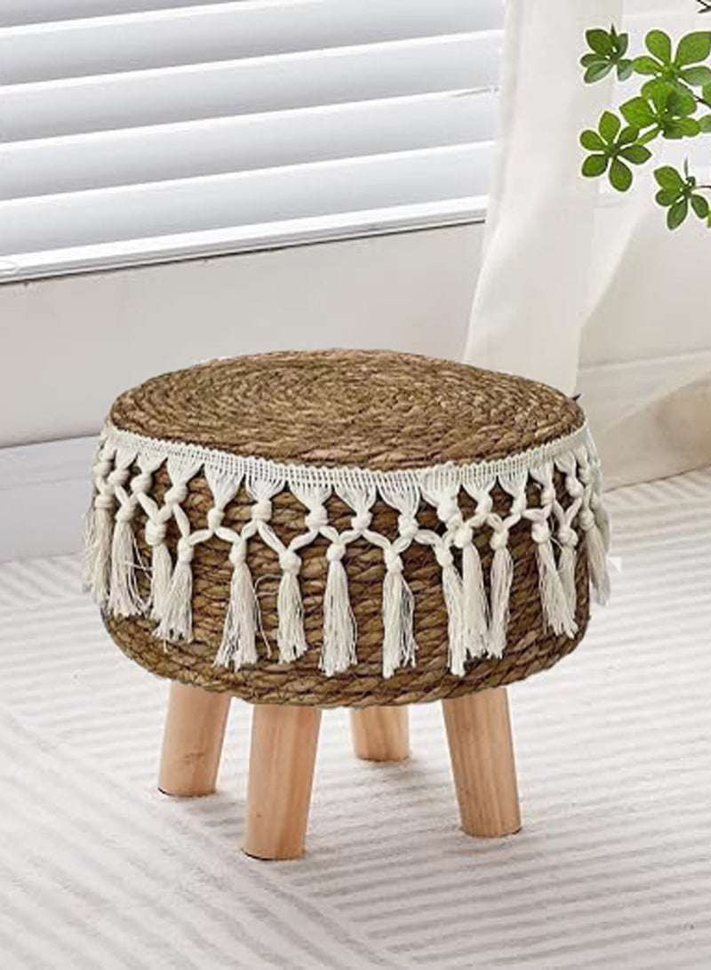LINGWEI 42x38cm Natural Seagrass Foot Stool – Handwoven Round Pouf Ottoman with Padded Top & Non-Skid Pine Legs | Cozy Footrest for Couch, Desk, Office, Hallway, or Lounge - Image 1
